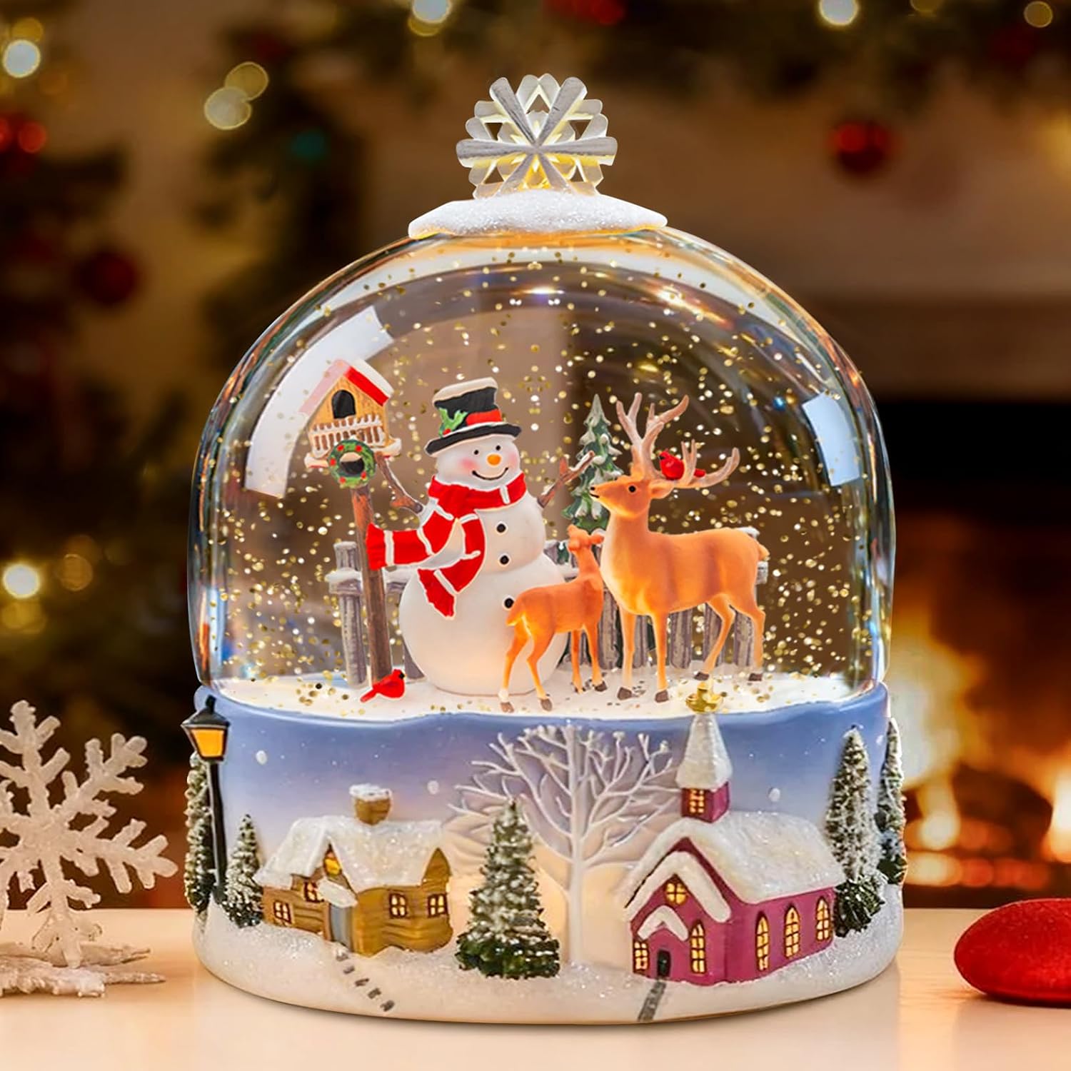 SUNFACE Snowman Christmas Snow Globe Lantern, Musical Light Up Snow Globe with Reindeer Cardinal Pine Trees, LED Glitter, 8 Classic Songs, 6H Timer, 3 AA or USB Powered, Gift for Adults Women Men