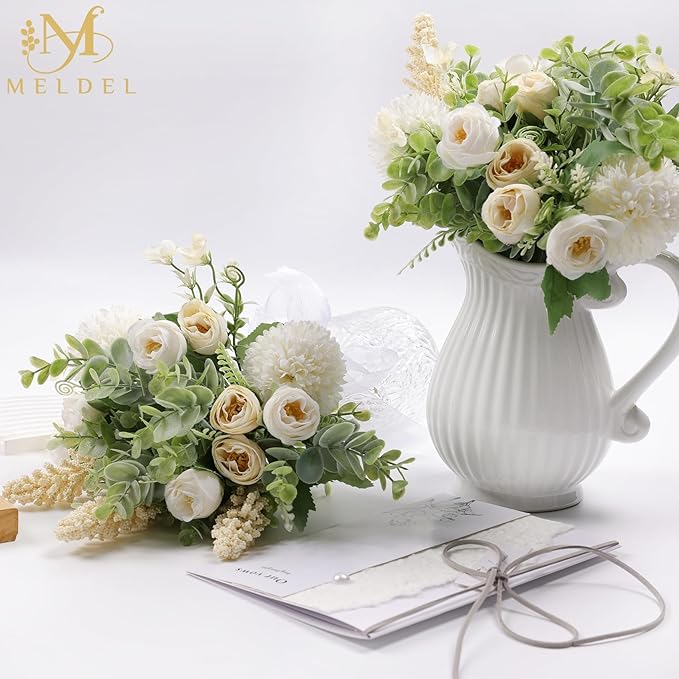 Meldel 3Pcs Rose Bouquet White&Champagne Artificial Flowers Eucalyptus Plants Silk Flower Arrangements Wedding Bouquets Decorations Plastic Floral Centerpieces for Home Kitchen Garden Party Decor