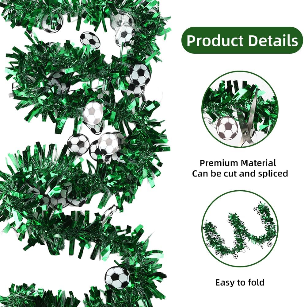 Soccer Tinsel Garland, Soccer Party Decorations, 5 Pack 33FT Football Tinsel Garland, Green Glitter Metallic Tinsel Twist Garlands for Indoor Outdoor Sports Game Day Home Birthday Party Decoration
