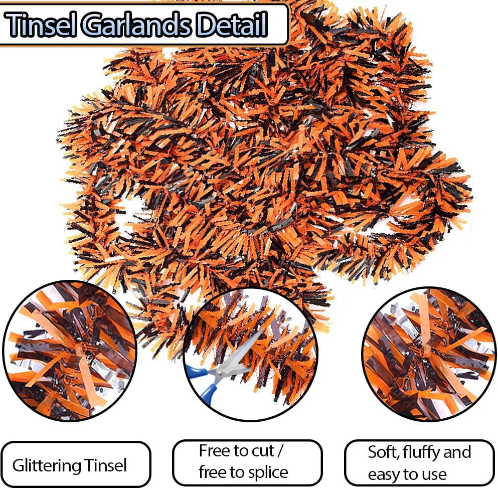 Halloween Tinsel Garland - 33 Ft Shiny Metallic Tree Garland Glitter Tinsel Hanging Twist Hanging Decorations for Halloween Party Holiday Supplies (Orange,Black)