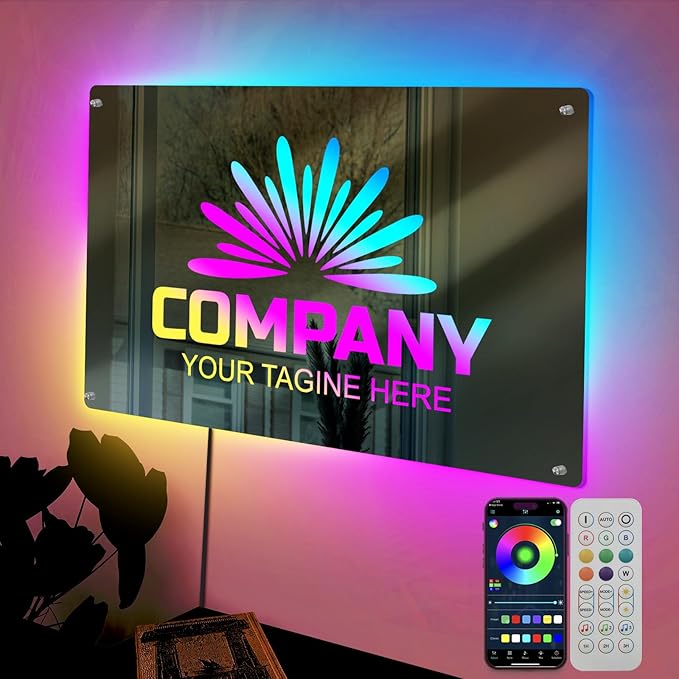 Custom Light up Mirror Signs for Business with Remote, Large Personalized Mirror Logo Led Sign for Office Storefront, Color Changing Customized Neon Sign Logo Banners for Enhanced Branding Slogan
