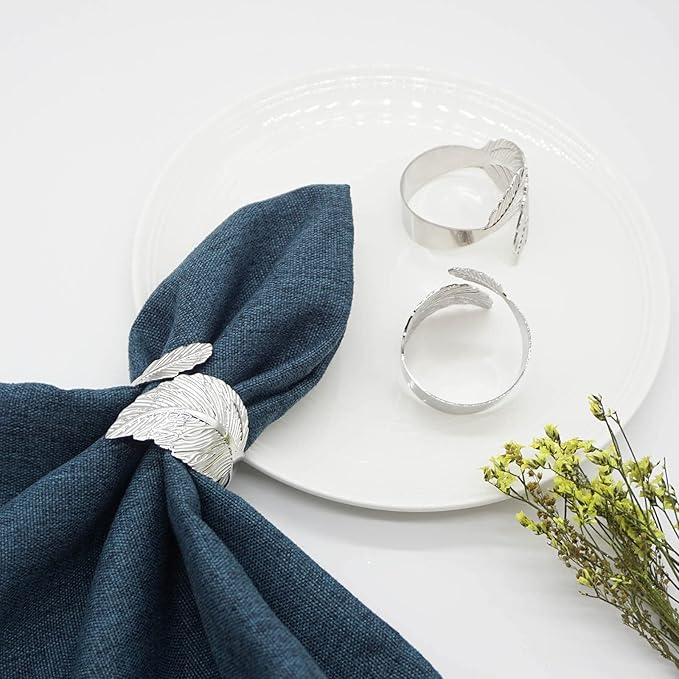 Silver Leaf Napkin Rings Set of 6, Leaves Napkin Rings for Table Setting, Metal Leaf Napkin Holder Rings for Holiday Party, Wedding, Banquet, Formal or Casual Dinning Table Decor (Silver)