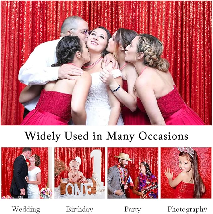 ShinyBeauty Sequin Backdrops 4 Pieces Red Sequin Curtains for Backdrop Panels Photograph Background Shimmer Christmas Backgrounds Birthday Party Decor (2Ftx8Ft)