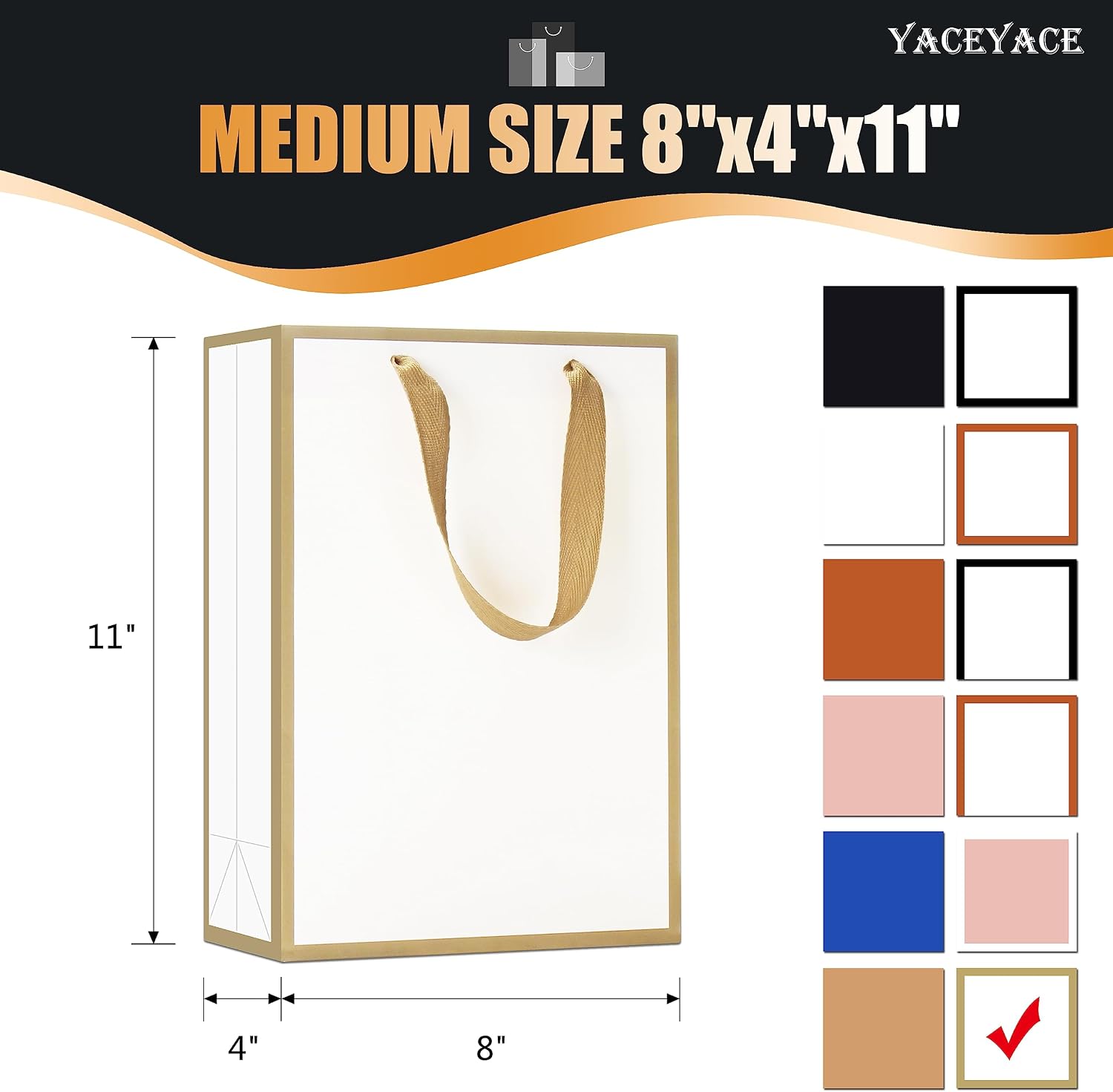 YACEYACE White Gift Bags - Medium Size, 10 Pcs, 8" x 4" x 10.5" with Gold Frame, Paper Party & Wedding Bags