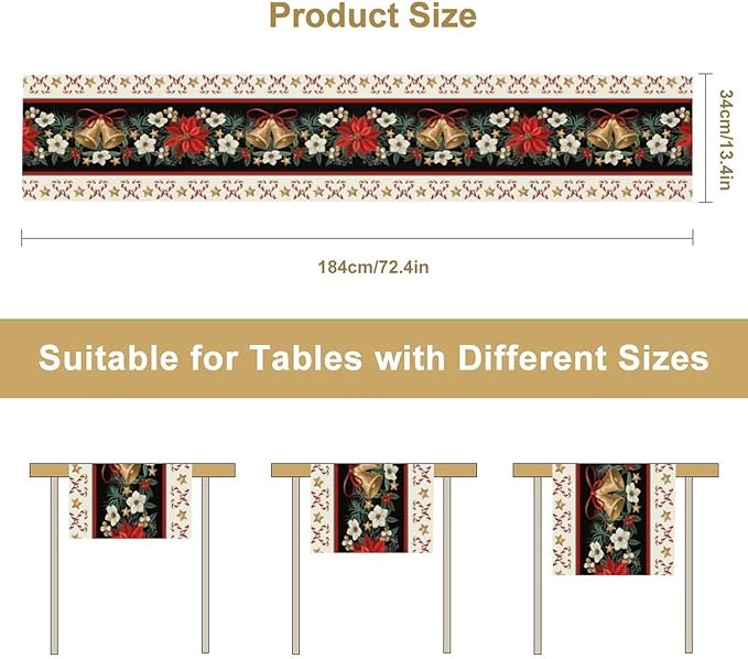 Christmas Table Runner, Xmas Holiday Seasonal Winter Table Cloth Kitchen Dining Table Decoration for Home Party Decor 13x60 Inch