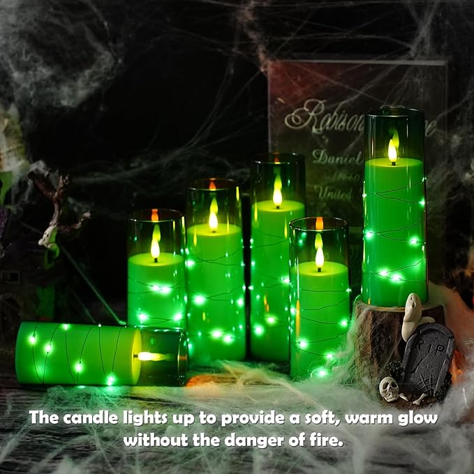 Flameless LED Candles with Timer 9 Pc Flickering Flameless Candles for Romantic Ambiance and Home Decoration Stable Acrylic Shell,with Embedded Star String，Battery Operated Candles（Green）