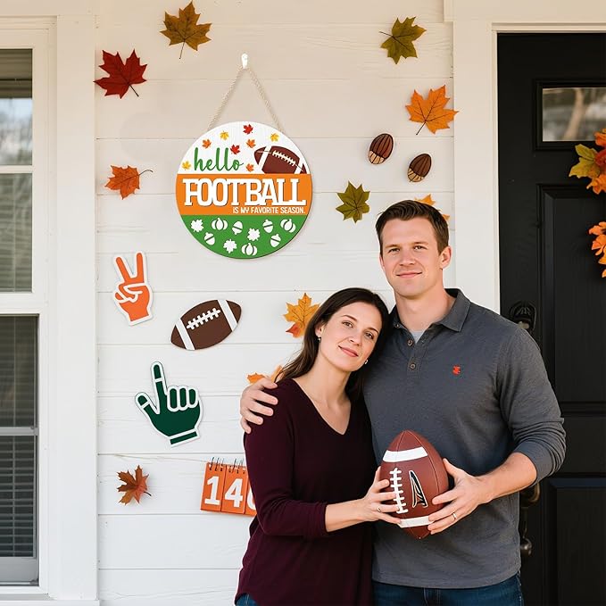 CHDITB Hello Football is My Favorite Season Front Door Sign Wreath(12"x12"), Wooden 3D Fall Decoration Wall Hanging, Farmhouse Rugby Autumn Harvest Maple Leaves Decor Hanger for Front Porch Outdoor
