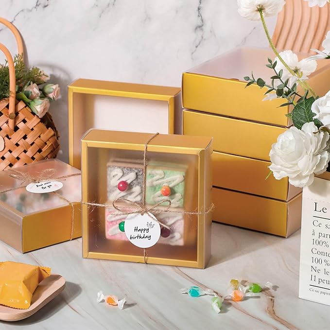 Roowest 50 Sets Kraft Soap Boxes Rectangle Packaging Box with Window Homemade Gift Box with Blank Tags and Jute String for Jewelry Candy Wrapping Party Favor(6.5 x 6.5 x 2 Inch,Gold)
