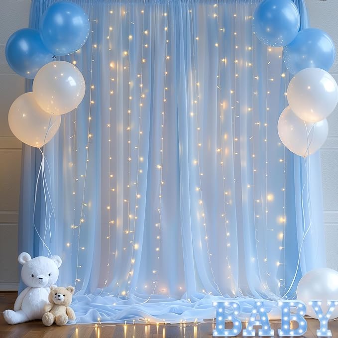 20×10ft Blue Tulle Backdrop Curtain with Lights String for Parties, Sheer Photo Backdrop Curtains for Wedding Party Photography Background