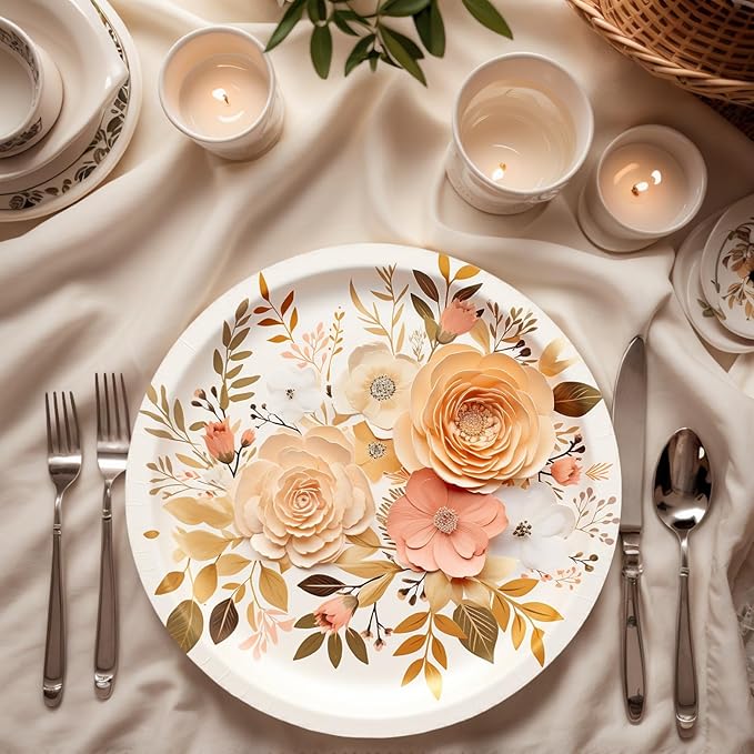 Boho Fall Plates and Napkins Sets, Floral Paper Plates Supplies Serves 50 for Boho Birthday Party Decorations,150PCS