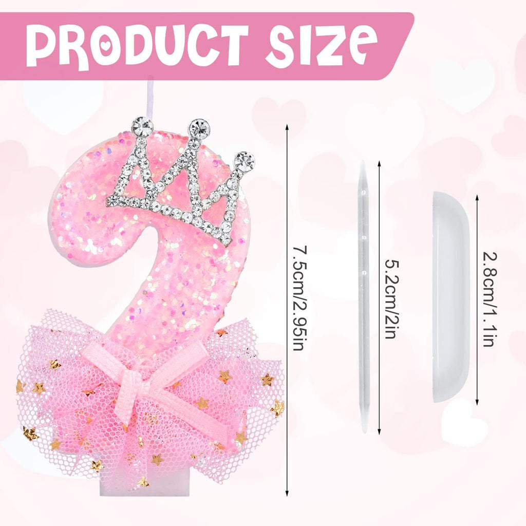 Birthday Number Candles, 2.95 Inch Crown Bow Mesh Candle Glitter Pink Number Candles Cake Topper Birthday Candles with Sequins for Anniversary Celebrations Supplies (Number 2)