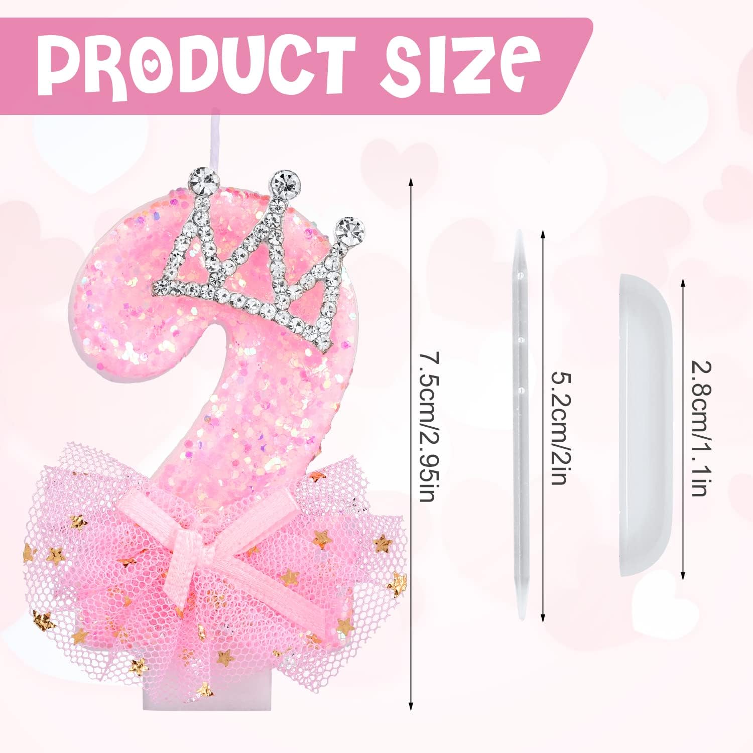 Birthday Number Candles, 2.95 Inch Crown Bow Mesh Candle Glitter Pink Number Candles Cake Topper Birthday Candles with Sequins for Anniversary Celebrations Supplies (Number 2)