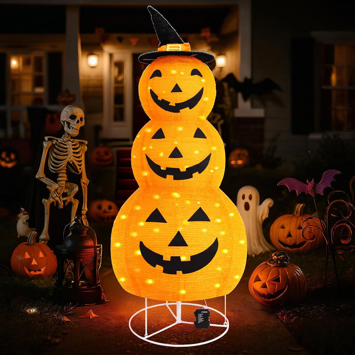 halloween pumpkin decorations, battery operated pre-lit collapsible jack-o-lantern, main product view