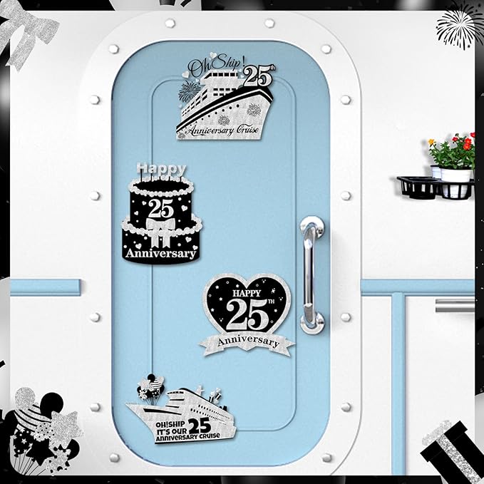 4 PCS Large 25th Anniversary Cruise Door Magnets Decorations Happy 25th Anniversary Cruise Ship Door Decor Magnetic Wedding Magnets Garage Refrigerator Car Magnets for Cabin Stateroom (Black Silver)