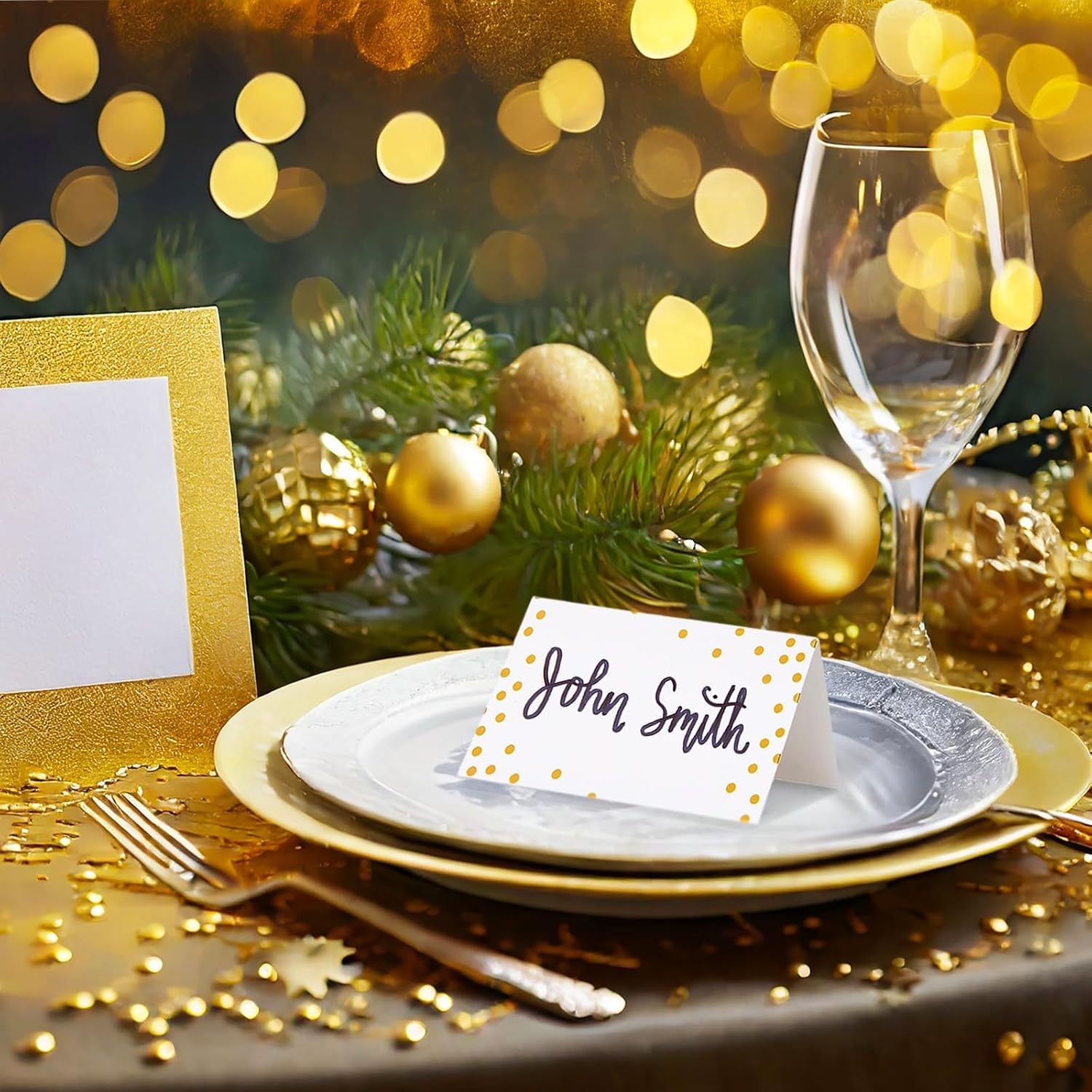 Best Paper Greetings Place Cards for Table Setting - 3.5 x 2 In Folded, 100 Pack, Gold Foil Polka Dots, 250gsm Paper - Place Card Holders & Food Tags for Weddings & Dinner Parties