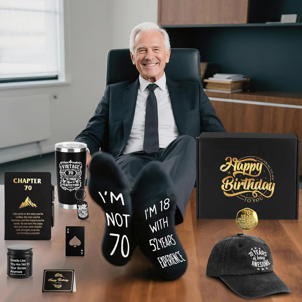 70th Birthday Gifts for Men - Unique Comprehensive Black & Gold Gift Box for Husband, Dad, Grandpa, Friends, Him