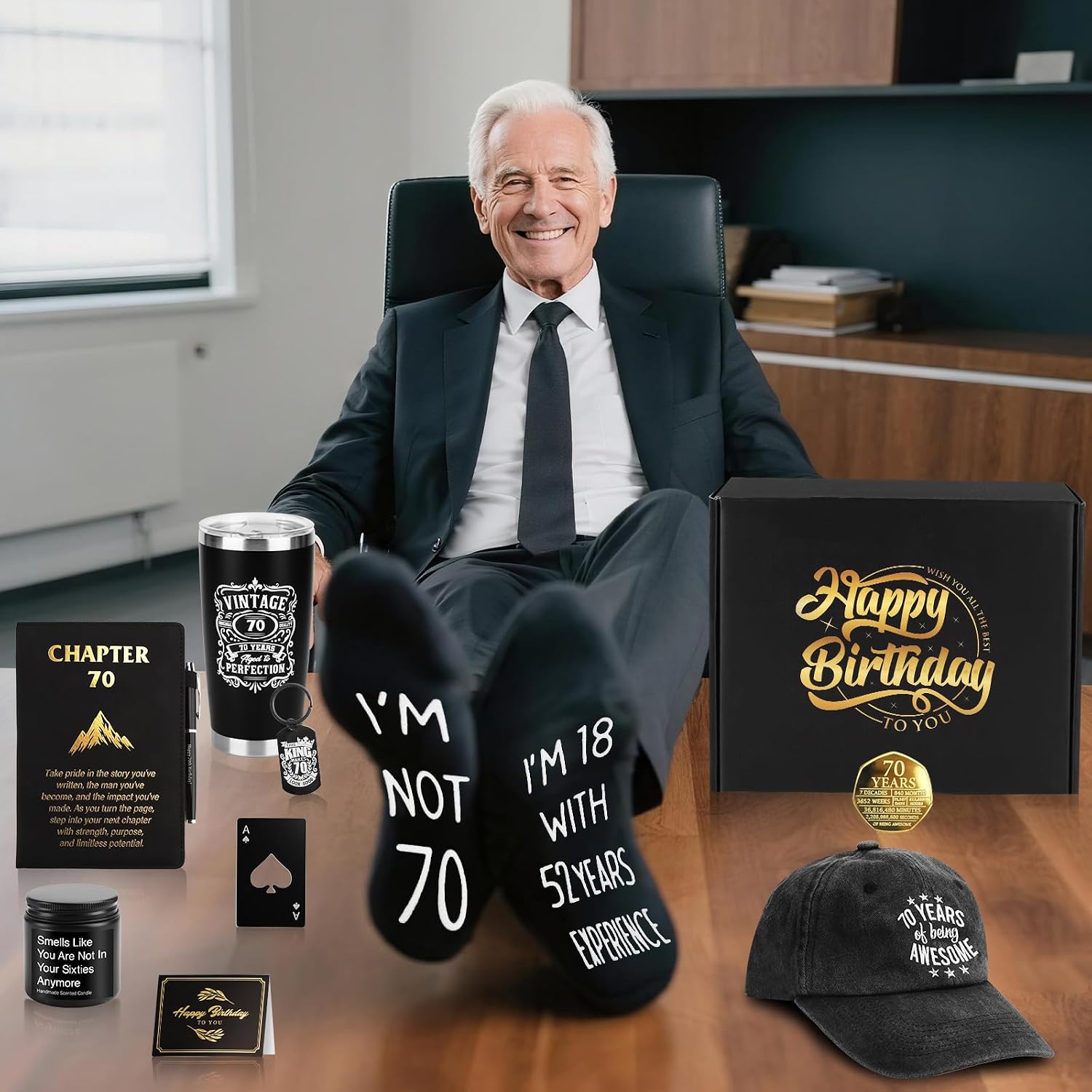 70th Birthday Gifts for Men - Unique Comprehensive Black & Gold Gift Box for Husband, Dad, Grandpa, Friends, Him
