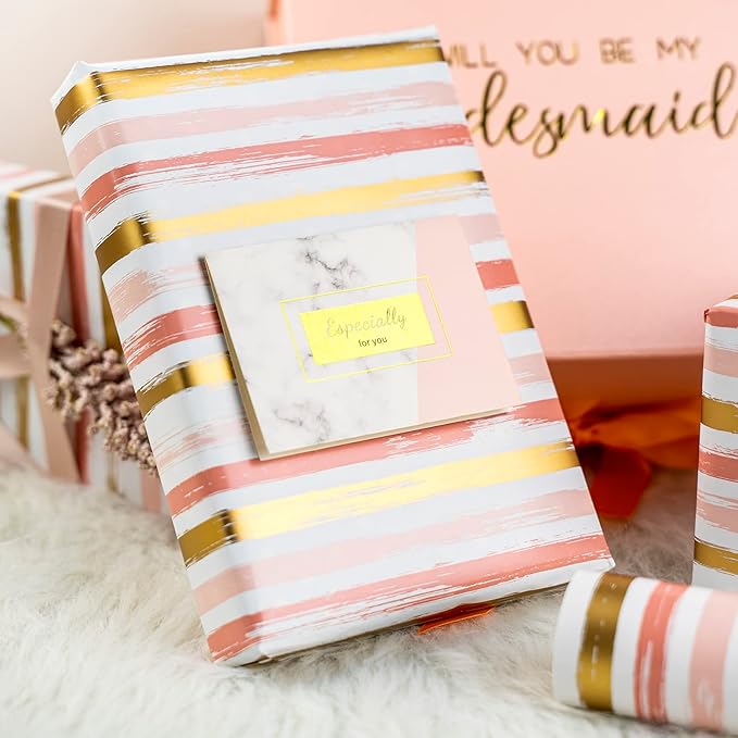 WRAPAHOLIC Reversible Pink Wrapping Paper - Mini Roll - 17 Inch X 33 Feet - Pink Gold Lines and Solid Pink Design for Girls Birthday, Baby Shower, Wedding, Bridal Shower