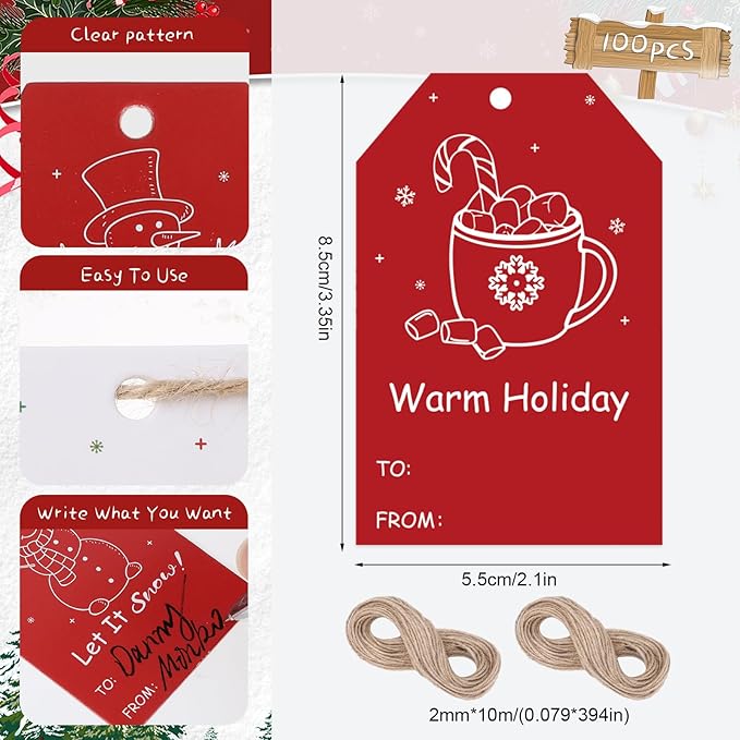 100PCS Christmas Gift Tags 10 Styles Merry Christmas Gift Tags with String Modern Kraft Name Tag for Present Wrapping Xmas Holiday Festive Party Favors