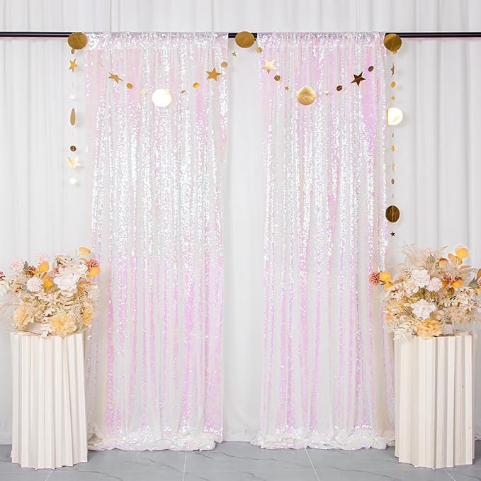 ShinyBeauty Sequin Backdrop Curtains 2FTx8FT 4 Panels Iridescent White - Sparkly Photo Background for Wedding, Party, Event Decor, Mermaid Shimmer Wall Backdrops