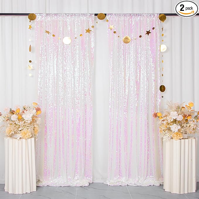 ShinyBeauty White Sequin Backdrop 4FTx8FT 2 Pieces Iridescent White Backdrop Curtains Panels Glitter Photo Backdrop Transparent Birthday Themed Backdrop