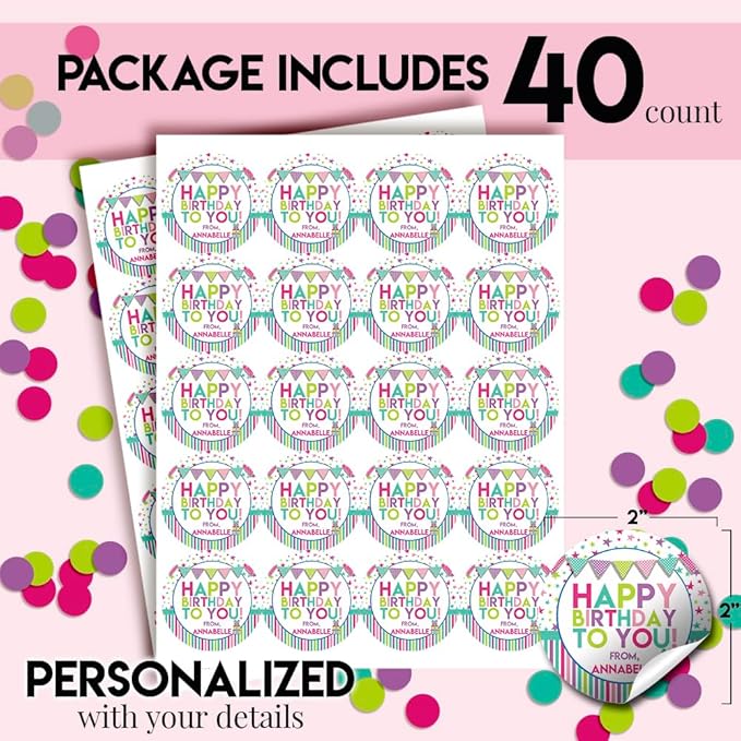 Custom & Personalized Happy Birthday to You Gift Tag Sticker Labels in Pastel Colors for Girls, 40 2" Party Circle Stickers by AmandaCreation, Also Great for Envelope Seals & Gift Bags
