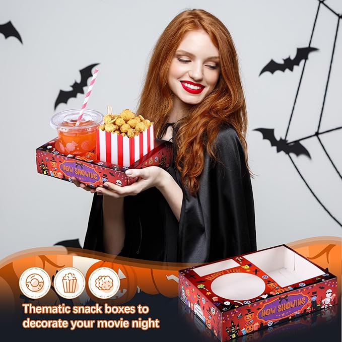Faccito 36 Pcs Movie Night Snack Trays Movie Theater Snack Boxes Night Supply Disposable Paper Holder Tray for Popcorn Food Candy Drink Party 8 x 6 Inch (Red Black,Pumpkin Style)