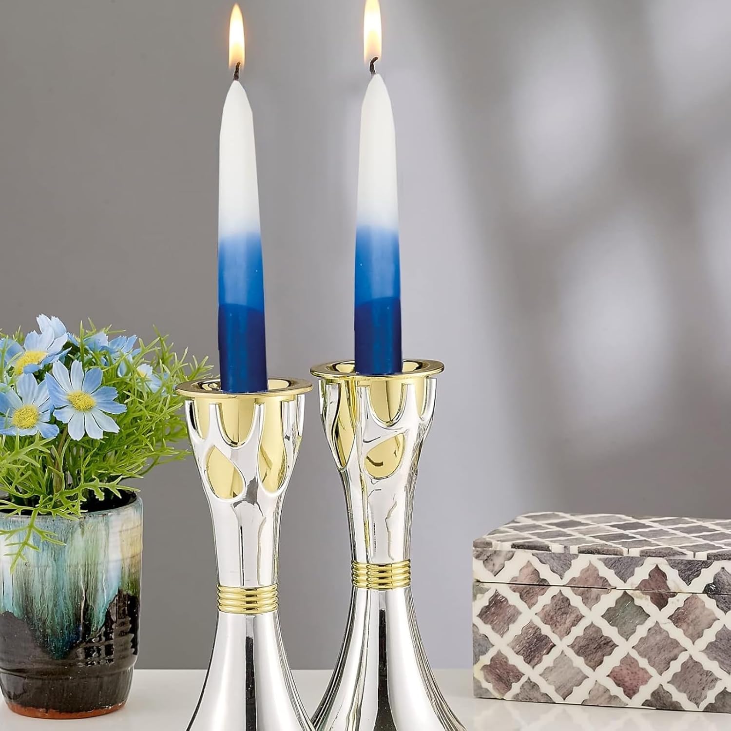 Rite Lite White & Blue Tricolor Shabbat Candles Premium 12 Pack Traditional Sabbath Dinner Table Jewish Home Decor Shabbos Candles Judaica Centerpiece Beautiful Gift Box & Hebrew English Blessing Card