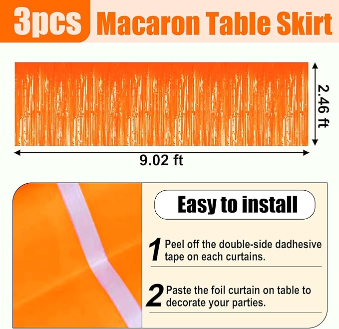3 Pack 29x108 Inch Macaron Orange Foil Fringe Table Skirts Metallic Banner for Tinsel Streamer Garland Backdrop for Parade Floats Wedding Thanksgiving Birthday Christmas Halloween Party Decoration
