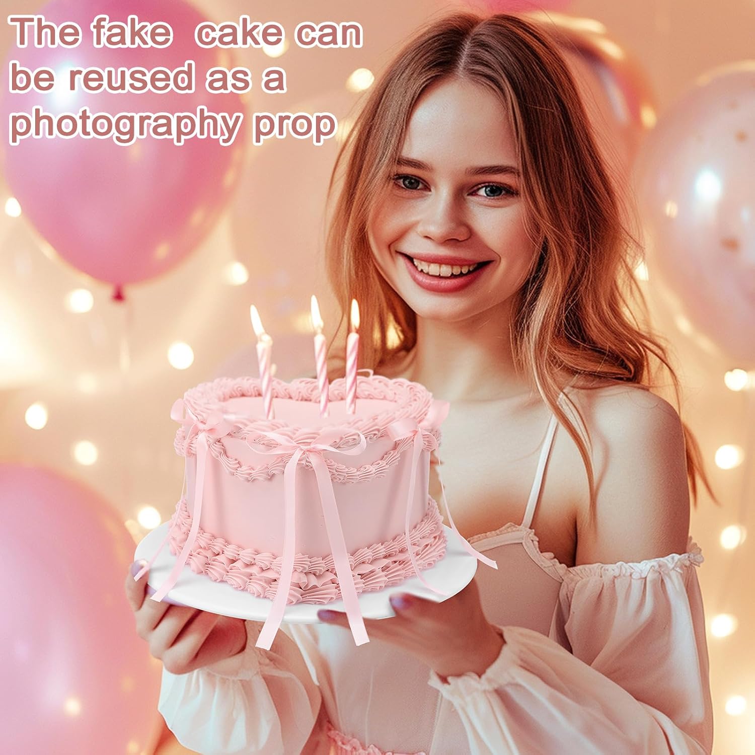 Remerry 6 Inch Pink Bow Fake Cake Coquettish Birthday Fake Cake Decor Wedding Dessert Props Reusable Artificial Heart Dessert for Props Women Birthday Gift Anniversary Party Decor
