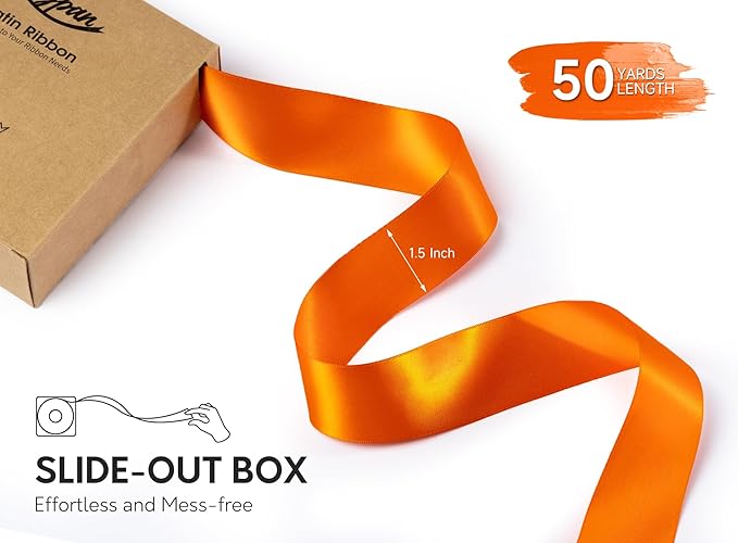 Orange Satin Ribbon 1-1/2 Inch x 50 Yards Double-Faced for Bows Crafts Gift Wrapping Christmas Flower Bouquet Fall Wedding