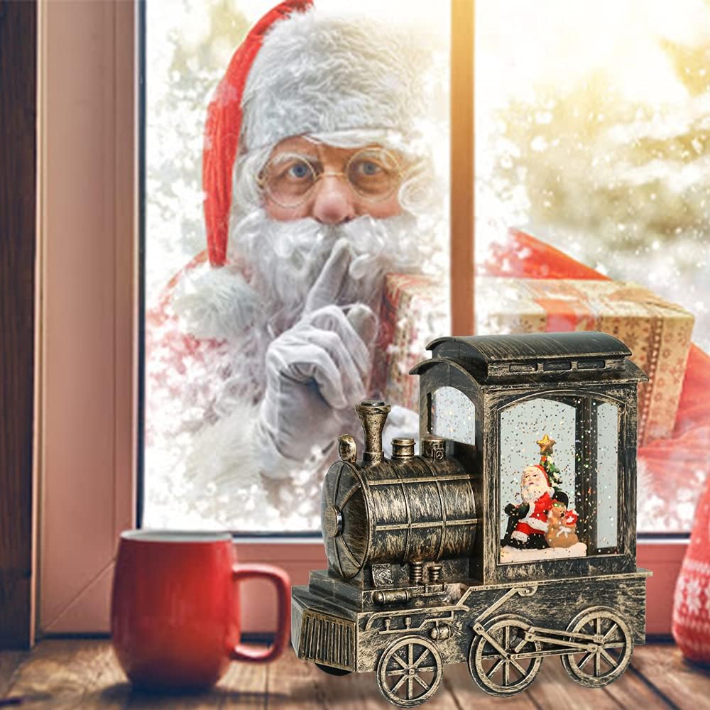 Music Snow Globe Train Lantern with Music and Timer, Battery Operated and USB Cable Santa Lighted Snow Globe Spinning Water Glitter (Bronze, USB Included)