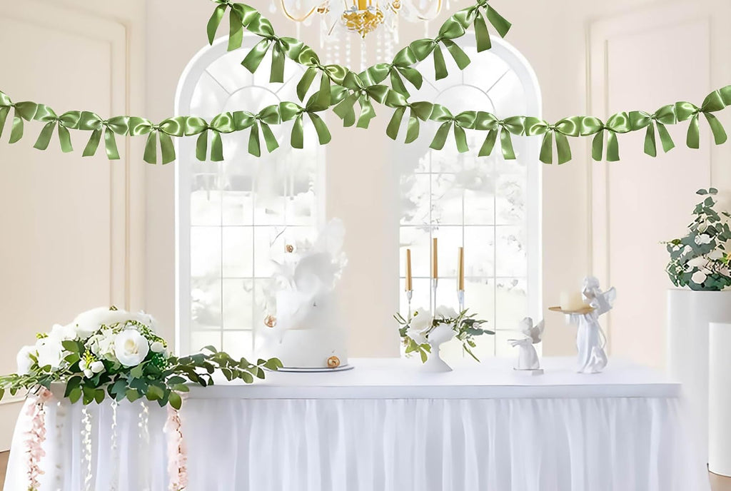 Sage Green Premade Bow Ribbon Banner Streamer Garland with 30 Bows, 6.6 Feet Long Each for Wedding Party Decoration (5.5 X 5 In Bow)