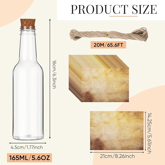 Baderke 24 Pcs 5.6 oz Message Bottles with Letter Printer Paper Plastic Bottles & Corks Twines for Message Invitations Birthday Wedding Baby Shower DIY Crafts Gift Party Favors (Vintage)