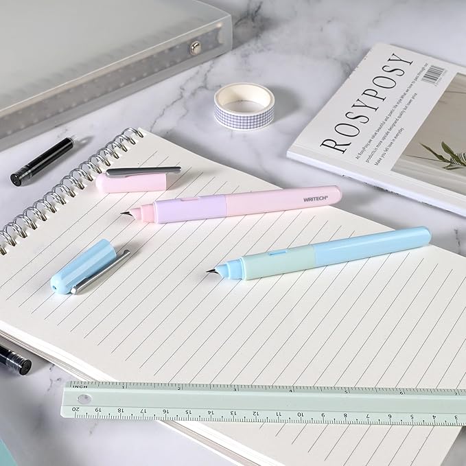 WRITECH Soft Grip Fountain Pen: Black Ink Fine Nib Pen with 1 Replacement Nib Set and 3 Ink Cartridges Smooth Writing for Calligraphy Journaling Gift (Blue)