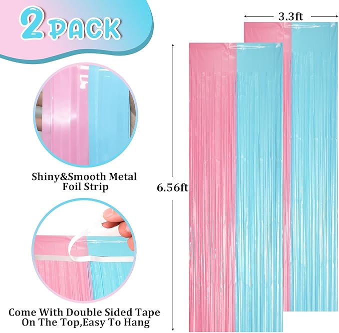 2 Pack Pastel Blue and Pink Foil Fringe Backdrop Curtains, Tinsel Streamers Party Decorations, Fringe Backdrop for Gender Reavel, Baby Shower Party