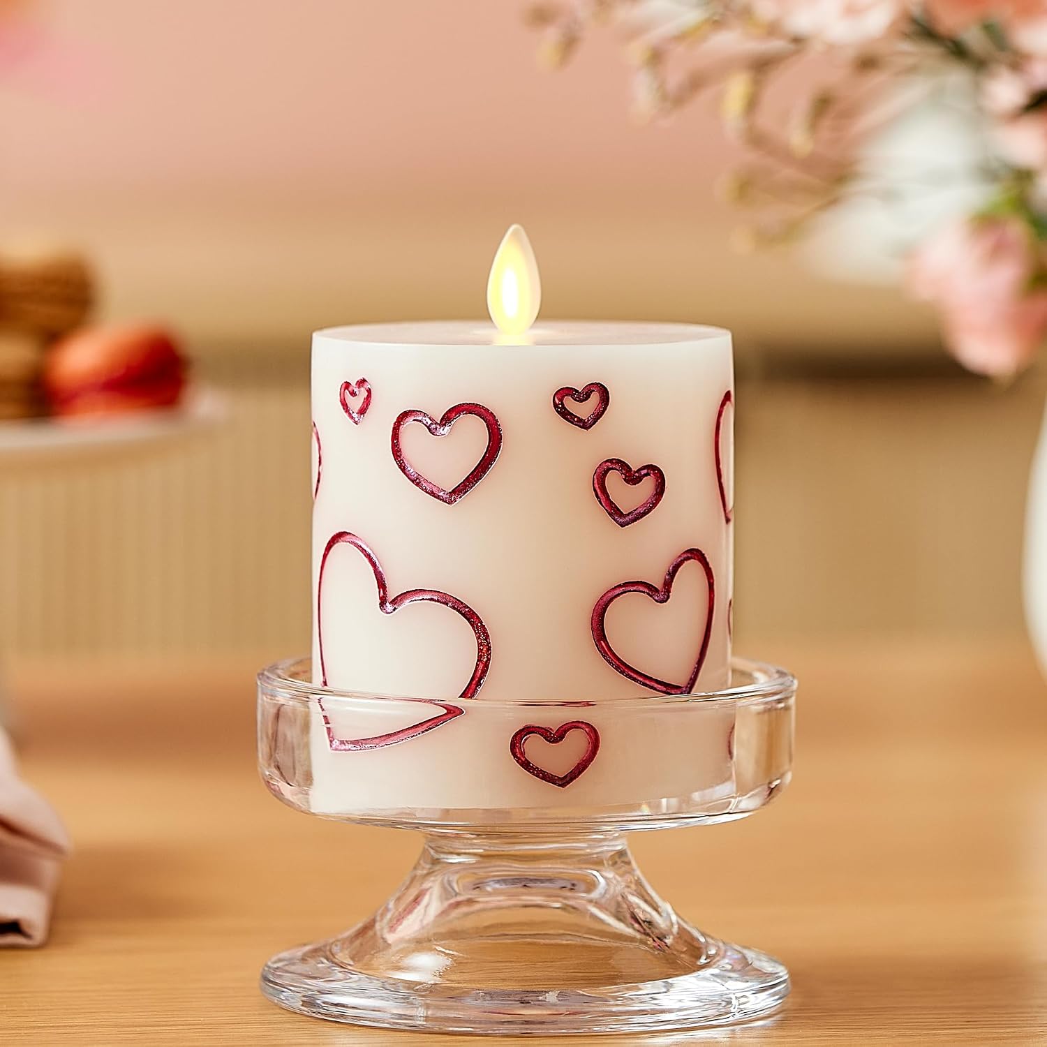 Luminara Debossed Hearts Pillar Candle Metallic Magenta - Patented Flickering Flameless Technology - Valentine's Day Collection - Remote Ready - 4.5"