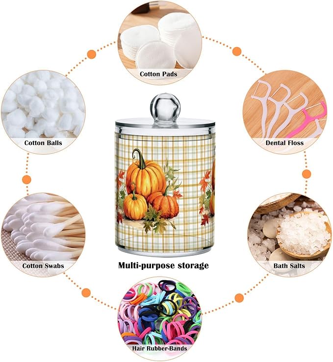 Gredecor 4 Pack Apothecary Jars with Lid Pumpkins Gingham Plaid Qtip Holder Dispenser Storage Containers Clear Plastic Rustic Fall Autumn Thanksgiving Theme Canisters for Bathroom Vanity Organization