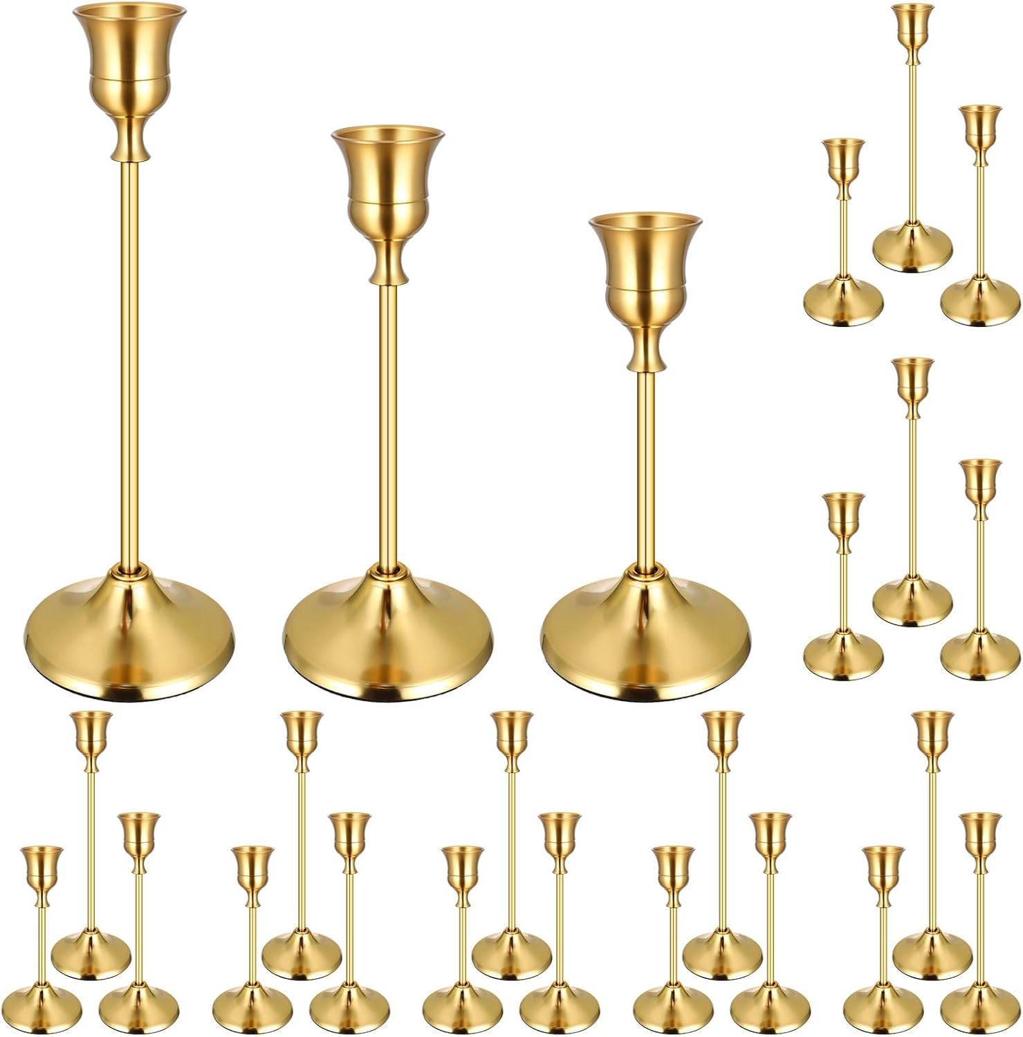 24PCS Brass Gold Taper Candle Holders Set, Vintage Metal Candlestick Holders for Table Centerpiece, Wedding Reception, Festive Christmas Mantel Decoration Gold