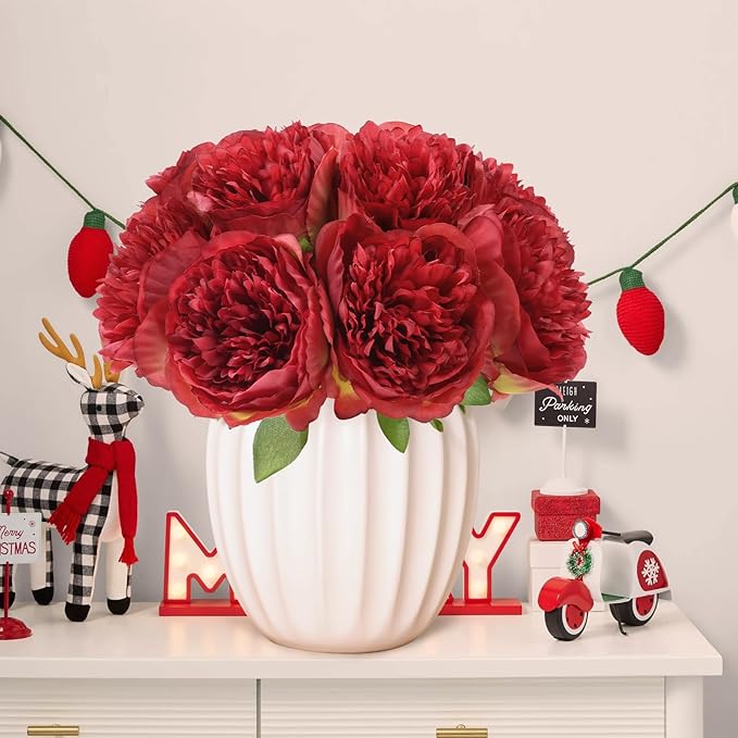 U'Artlines 20 Heads Artificial Peony Silk Flower Leaf for Christmas Holiday New Year Home Office Wedding Party Festival Bar Decor (Red)