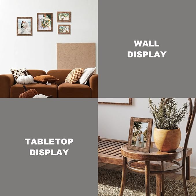 8x10 Picture Frame Set of 4, High Definition Glass Brown Frame, 8 x 10 Wood Rustic Picture Frames for Horizontal or Vertical Table Top and Wall Mounting