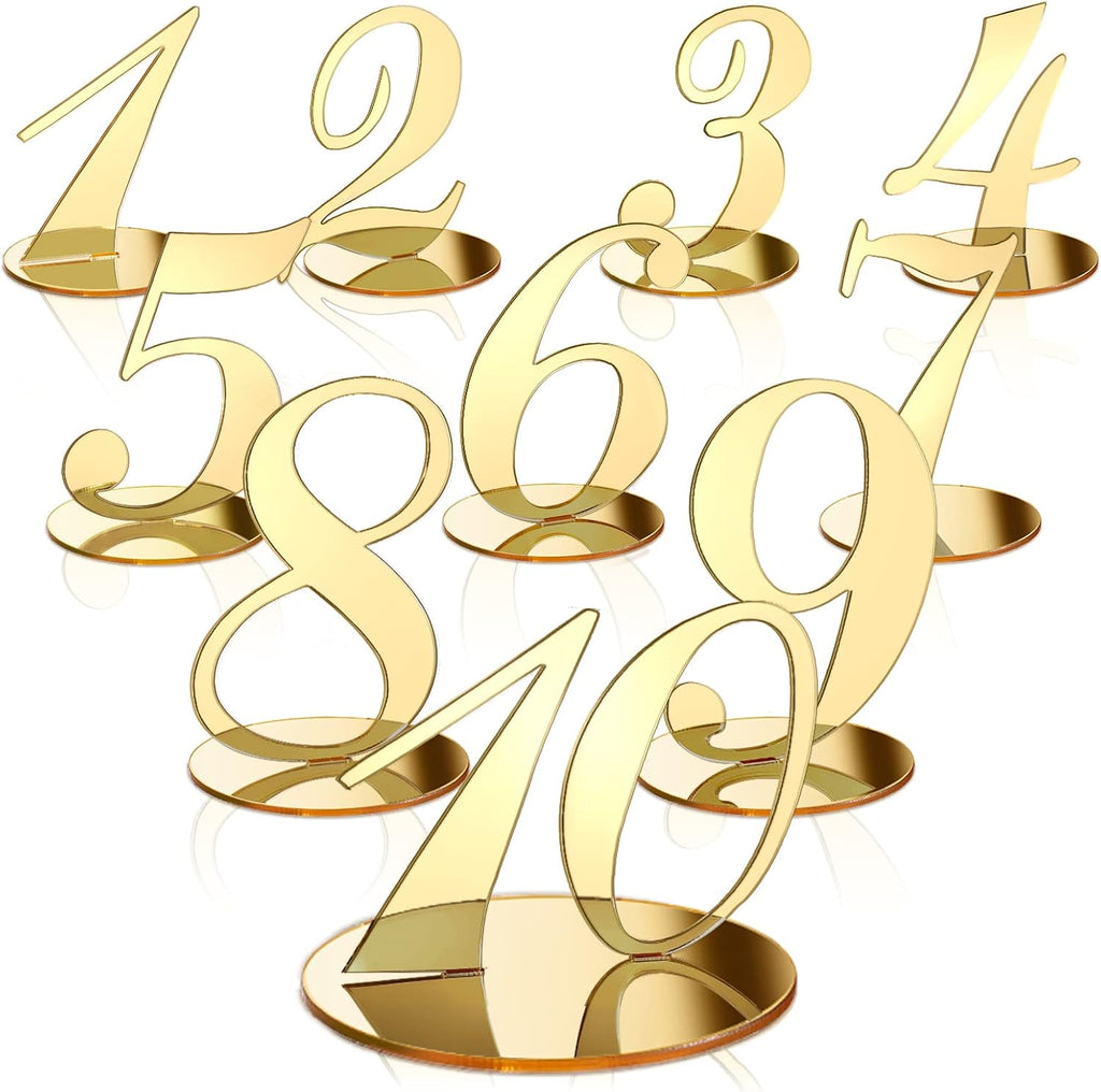 Yalikop 10 Pcs Table Numbers for Wedding 1-10 Reception Wedding Numbers Signs with Holder Elegant Mirror Table Number for Engagement Party Birthday Anniversary Event Catering(Gold)