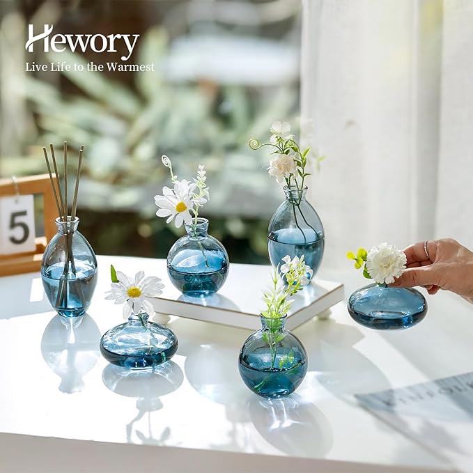 Hewory Glass Bud Vases for Centerpieces: Set of 12 Cute Blue Small Vases Handmade, Mini Flower Vase for Floral Arrangement, Tiny Decorations for Home Office Wedding Reception Party Events Table Decor