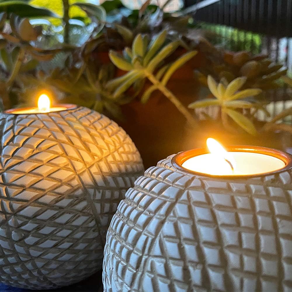 Luca Beige Orb Tea Light Candle Holders, Gift Boxed Set of 2 | Beige and white grid-pattern orbs for coffee table, console, entryway, mantel, dining centerpiece; coastal, modern, farmhouse