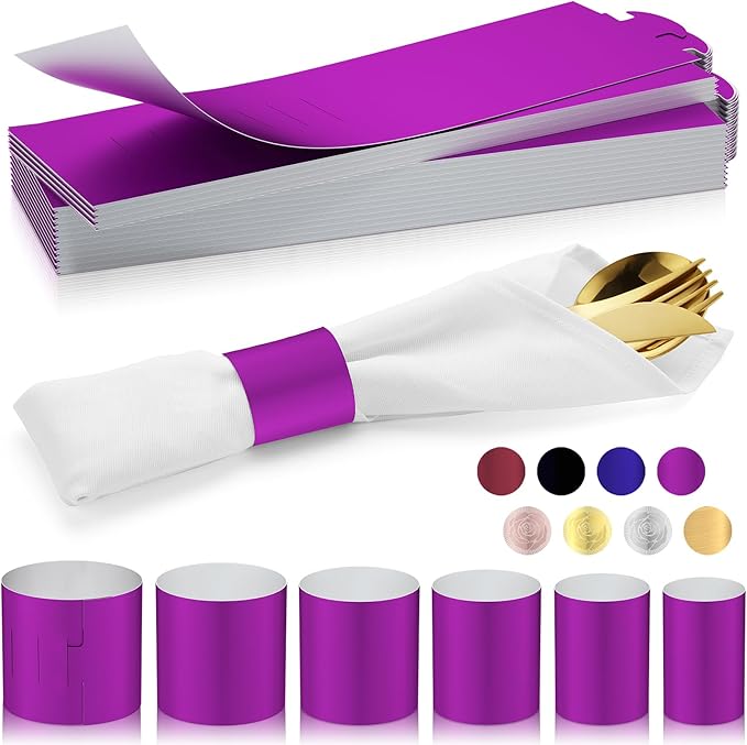 Polymer Material Reusable Napkin Band, Glue-Free Tear-Proof Water Resistant Oil-Proof Napkin Bands Set of 100(Front Purple Color and Back White), 6 Adjustable Sizes Napkin Rings