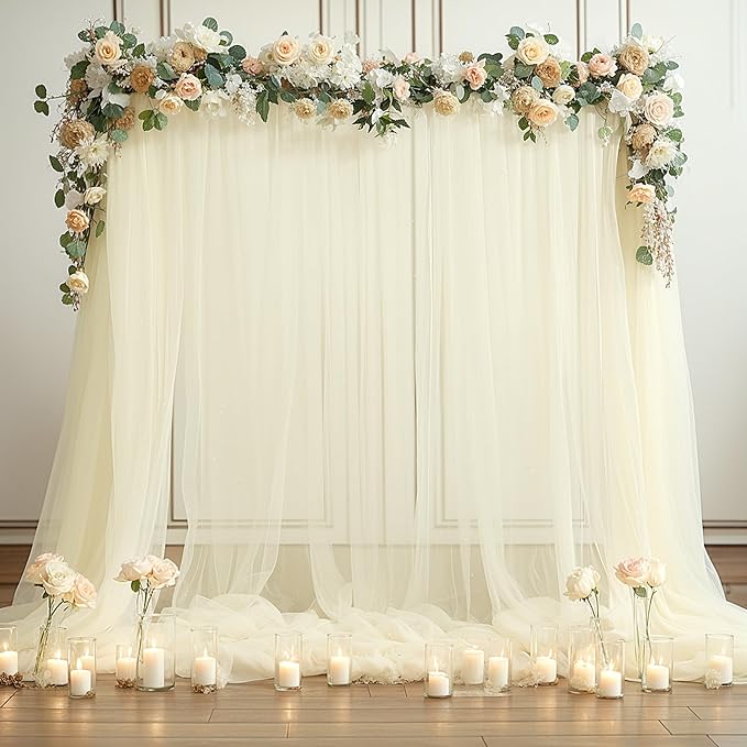 Ivory Tulle Backdrop Curtain for Wedding Parties 10ft x 10ft Sheer Backdrop Curtains for Bridal Shower Birthday Baby Shower Photo Shoot Background Decorations 2 Panels 5ft x 10ft