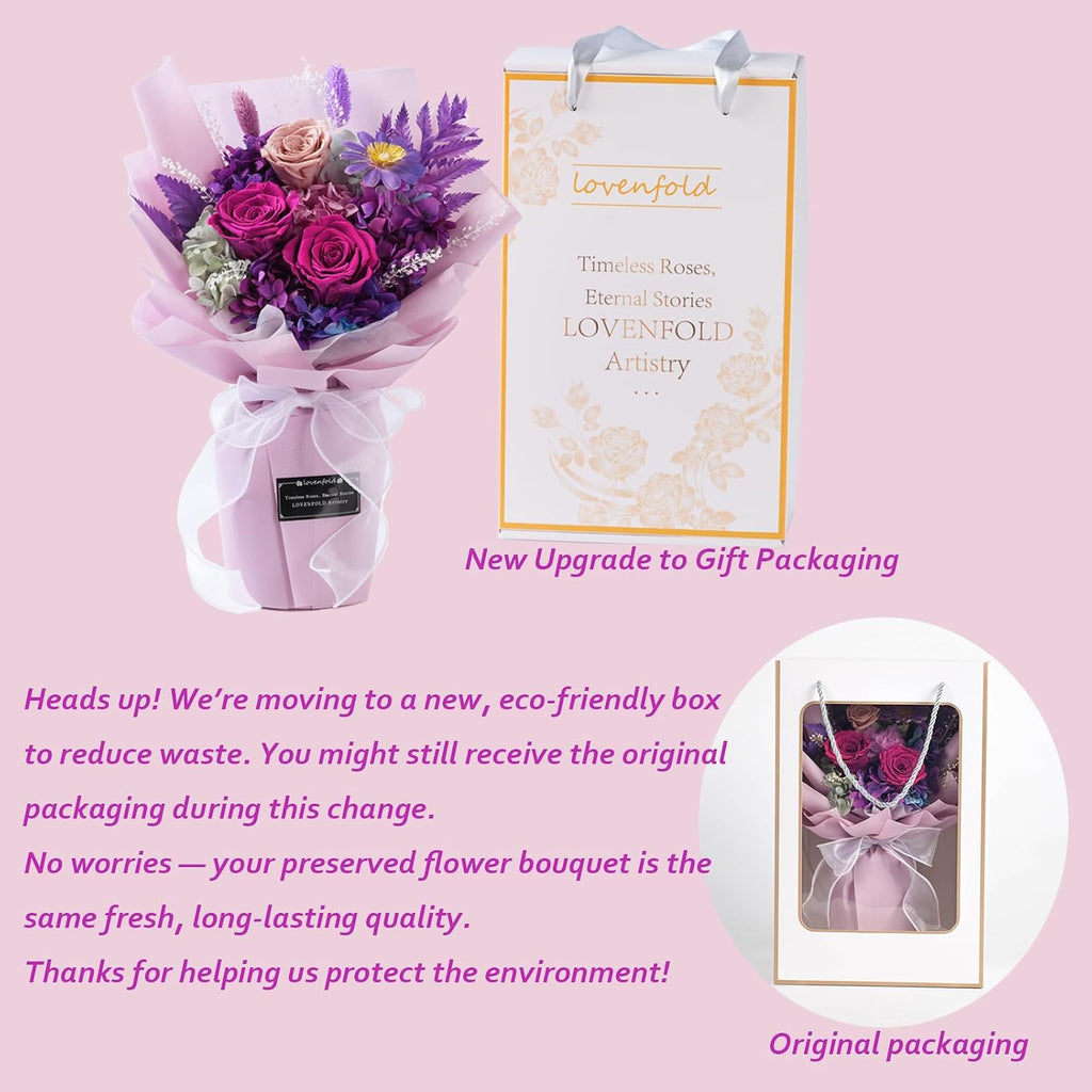 lovenfold preserved flowers for delivery, purple rose bouquets showing dimensions