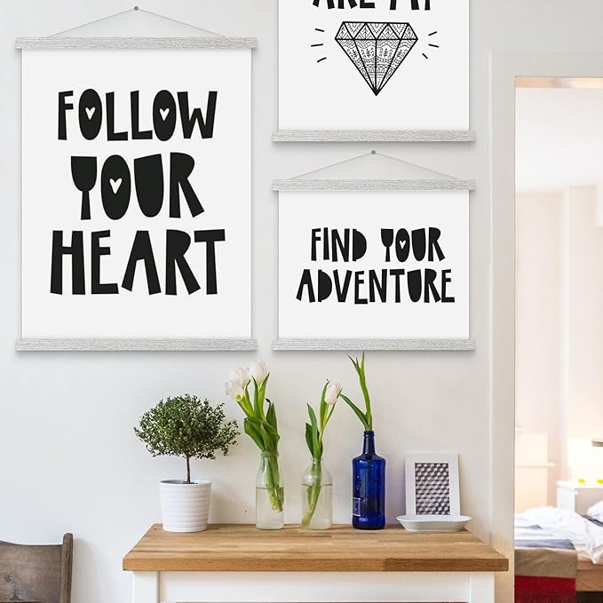 Magnetic Poster Hanger, 22x34 22x28 22x14 Poster Frame Wood Wooden Magnet Print Posters Dowel Scroll Hanger Hangers Hanging Kit for Walls Map Canvas Artwork (Grey, 22")