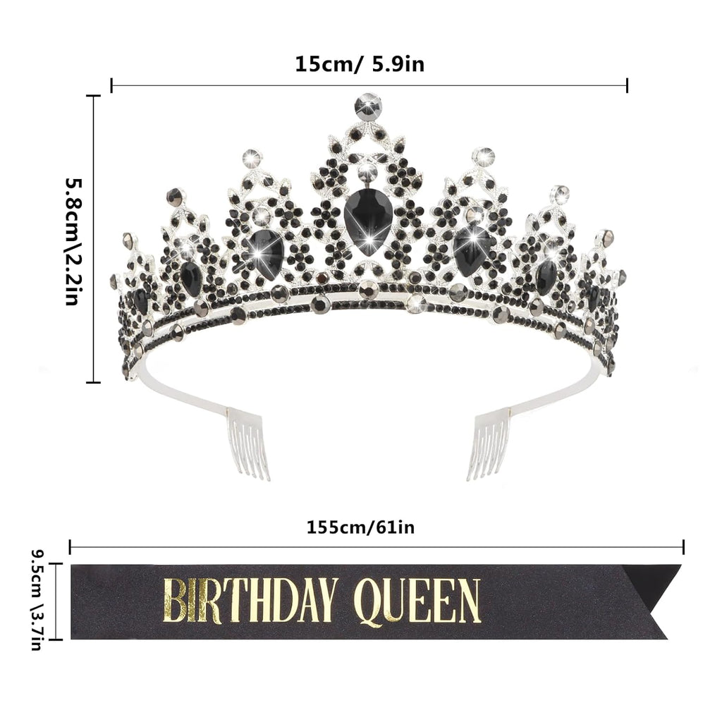 CAVETEE Black Birthday Headband for Women， Birthday Queen Crown and Sash Black Party Decorations for Women