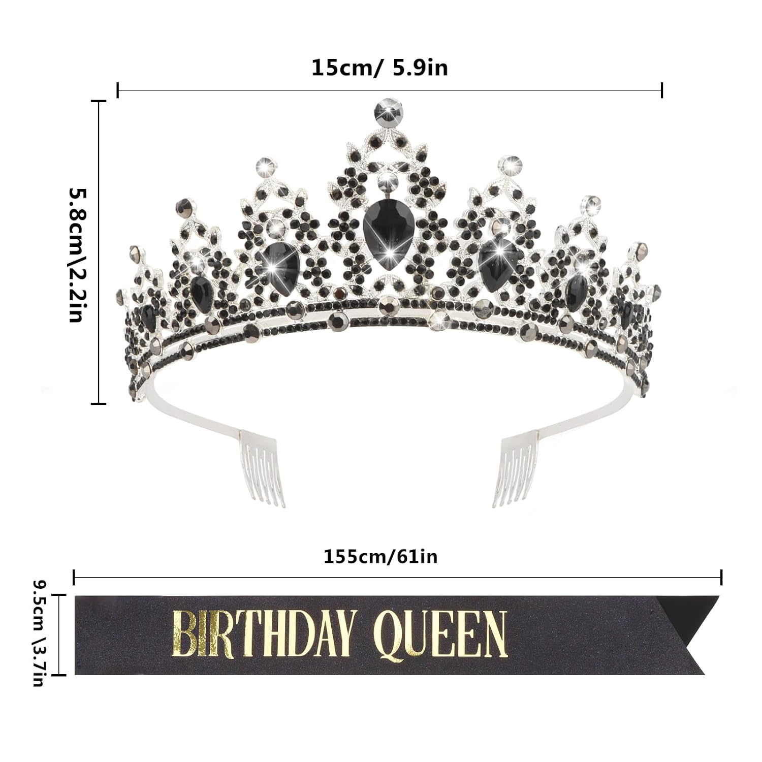CAVETEE Black Birthday Headband for Women， Birthday Queen Crown and Sash Black Party Decorations for Women